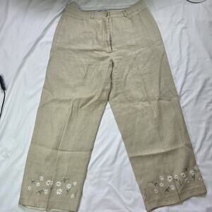 Deane & White Linen Pants Tan Beach novelty Embroidery Cotagecore Pockets Sz 12